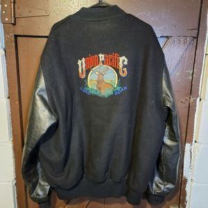 VINTAGE 90S UNION PACIFIC RAILROAD WOOL LEATHER JACKET SZ XXL LONG